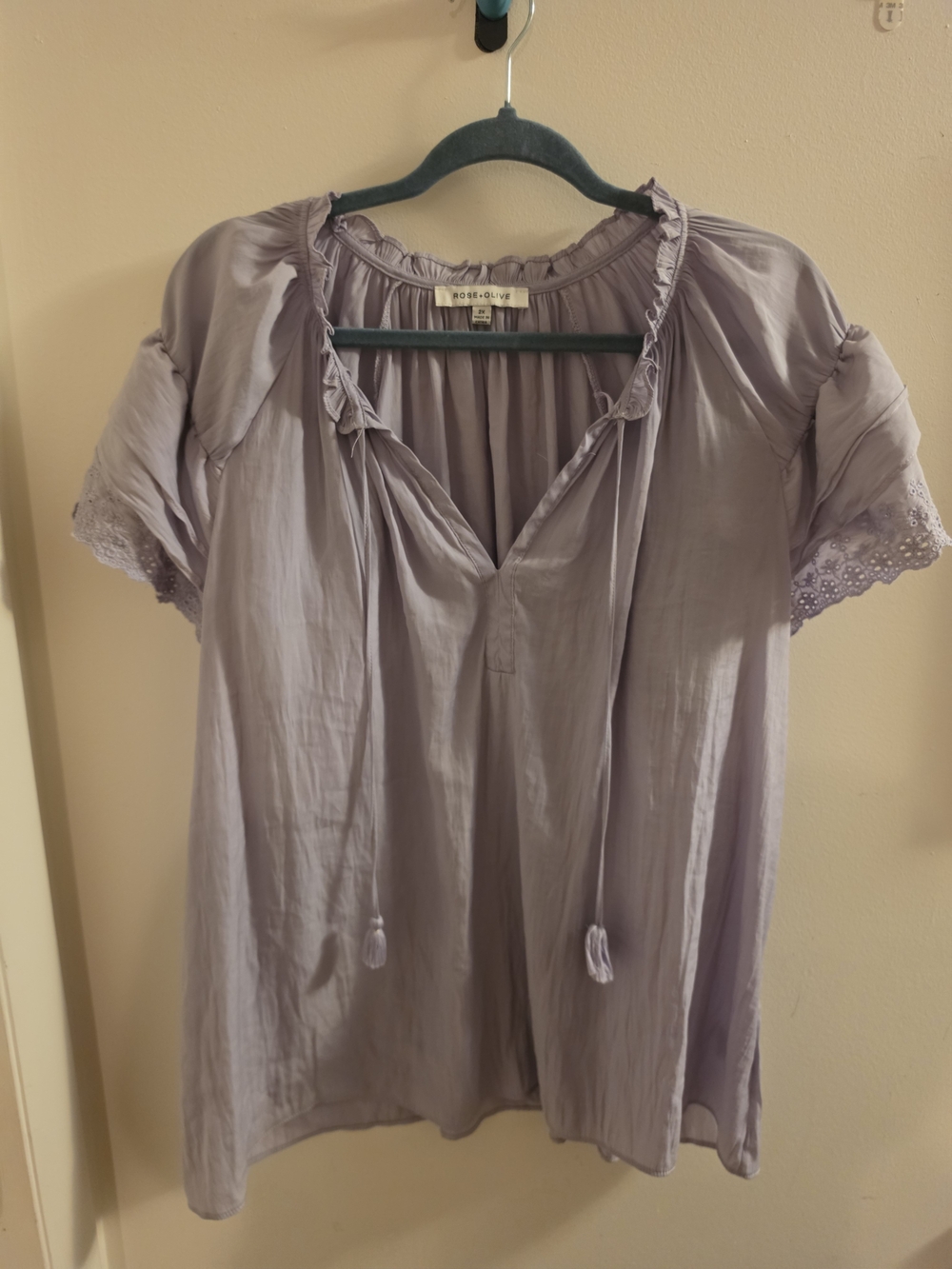Rose & Olive Soft Lavender Tie-Front Peasant Blouse